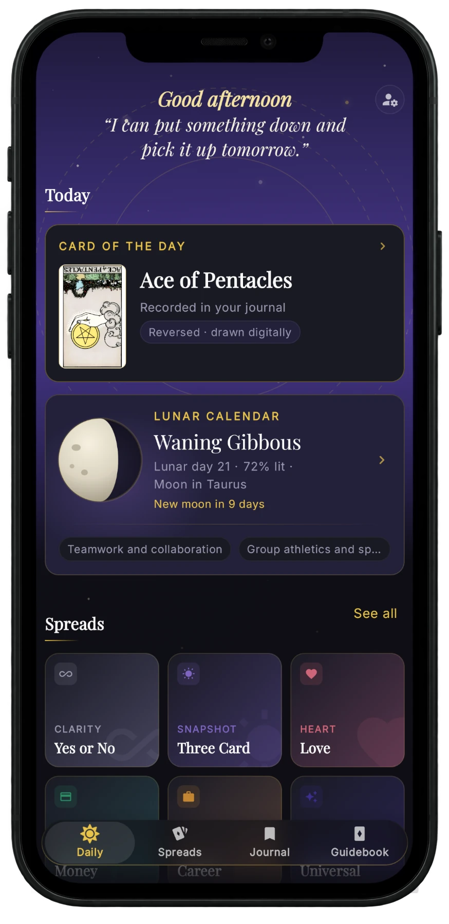 Tarot Grimoire — the Daily screen with the card of the day and the lunar calendar