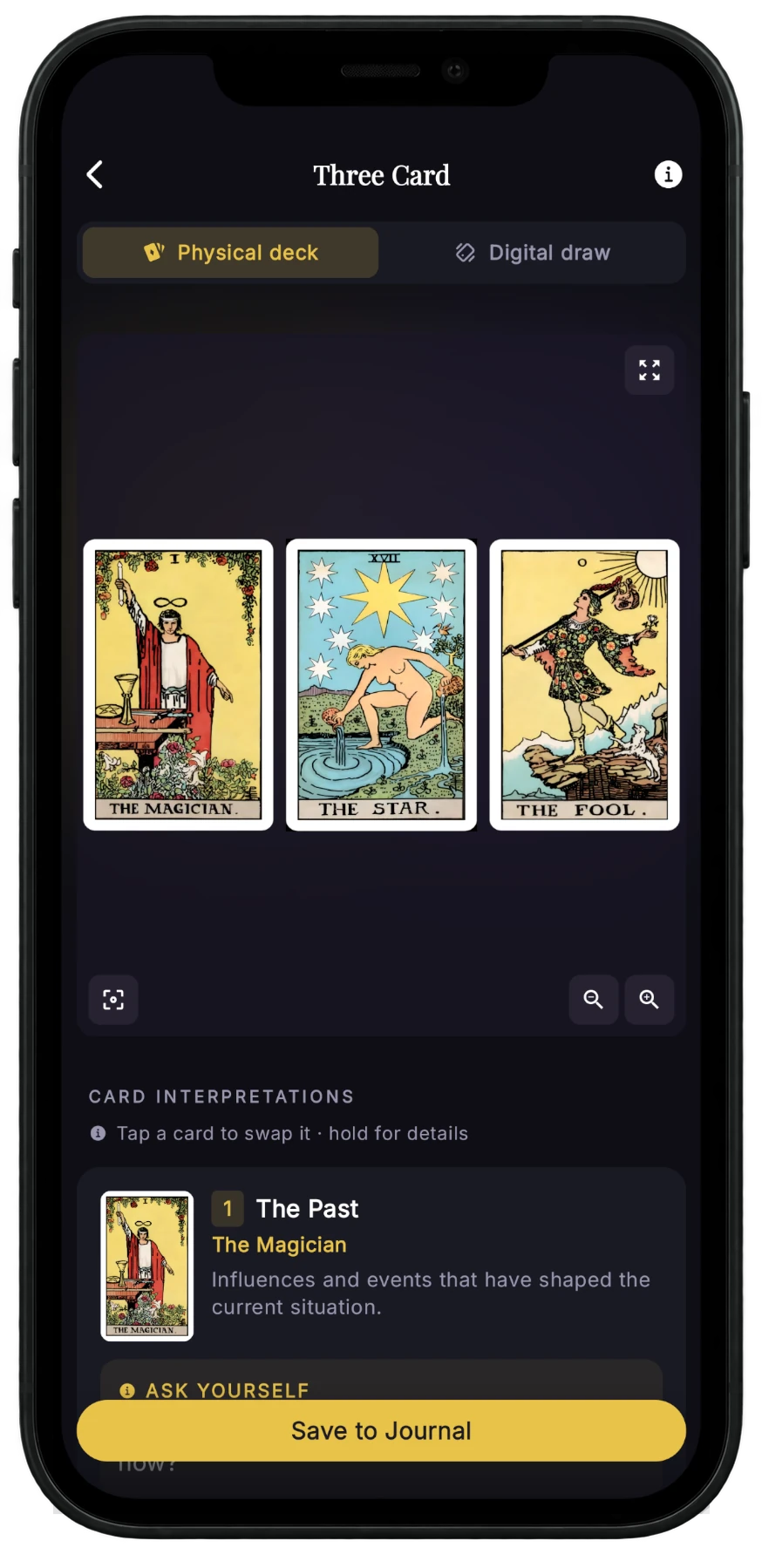 Tarot Grimoire — a completed Three Card spread